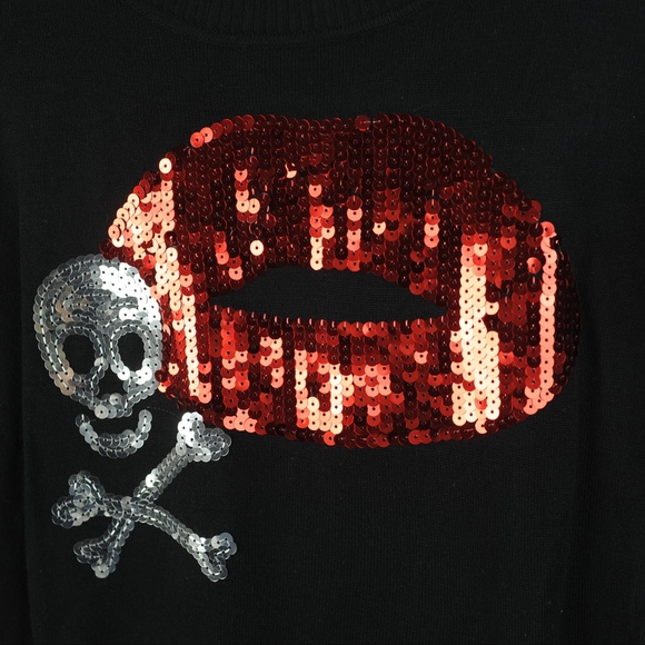 Black skull and lips LS sequined sweater NEW Small - Picture 2 of 5